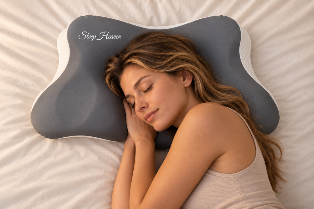 Kvinde sover på siden på SleepHeaven Butterflypuden